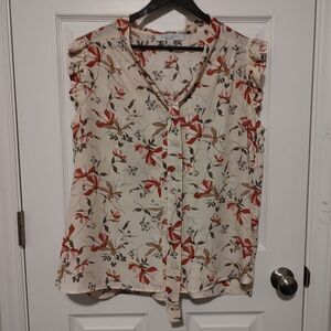 Sweet Rain Women's Top Sz 1X Ruffle Cap Sleeve Flower Print Shirt with tie